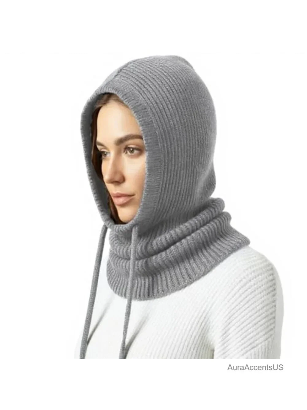 Winter Knit Hooded Scarf Balaclava with Drawstring, 3-in-1 Neck Warmer Hat